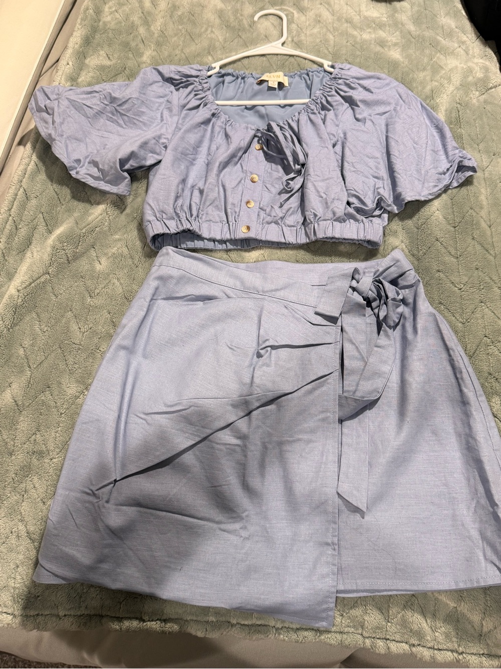 Light Blue Tie-Waist A-Line Skirt set